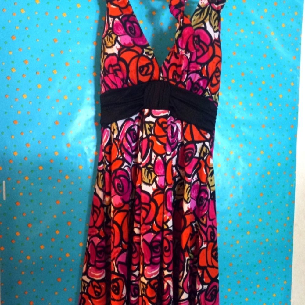 Floral V-neck Maxi dress with Tie neck Women's size medium Polyester Pink roses
